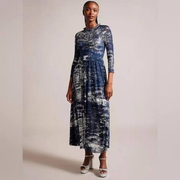 NEW TED BAKER Iggiey Metallic Burnout Midi Dress in Navy, Size 10/M - Picture 4 of 14
